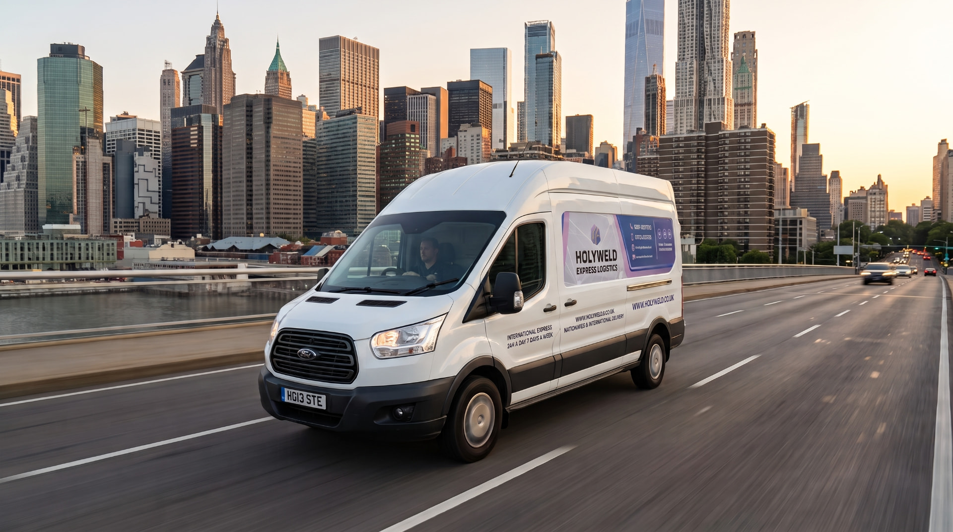 Delivery van driving through a city at sunset